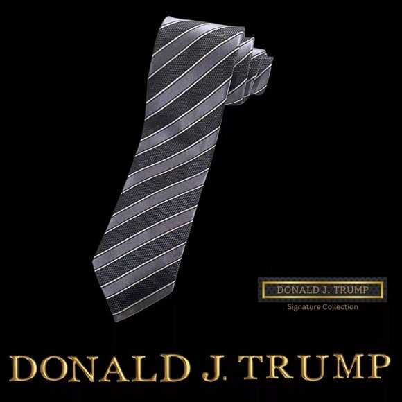 Donald J Trump Signature Collection Necktie Tie Black Gray Silver Striped New